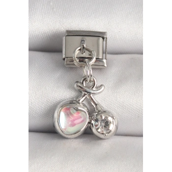 HEYF 316L Çelik Gümüş Renk Pembe Mineli Kalp Zirkon Taş Detay Nomination Charm