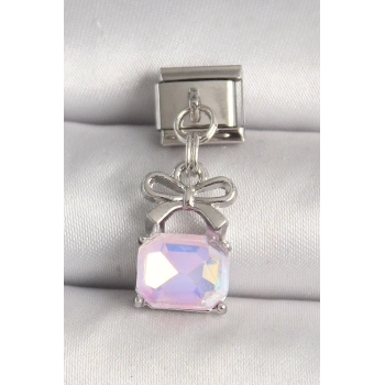 HEYF 316L Çelik Gümüş Renk Pembe Zirkon Taşlı Çanta Model Nomination Charm