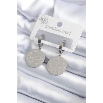 HEYF 316L Çelik Gümüş Renk Pentagram İşleme Model Kadın Küpe