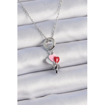 HEYF 316L Çelik Gümüş Renk Renkli Kalp Figür Charm Model Kadın Kolye