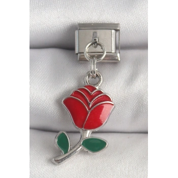 HEYF 316L Çelik Gümüş Renk Sallantı Kırmızı Gül Model Nomination Charm