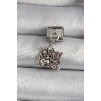 HEYF 316L Çelik Gümüş Renk Sallantı New York Yazı Model Nomination Charm