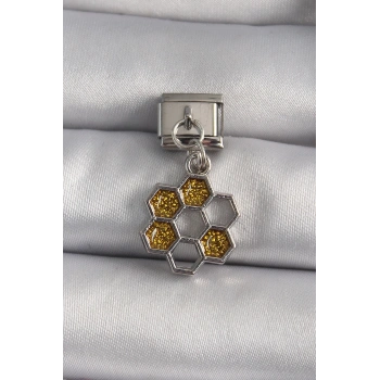 HEYF 316L Çelik Gümüş Renk Sallantı Simli Bal Beteği Model Nomination Charm
