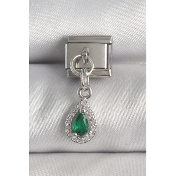 HEYF 316L Çelik Gümüş Renk Sallantı Yeşil Zirkon Taşlı Damla Model Nomination Charm
