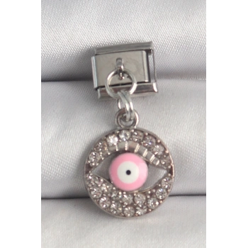 HEYF 316L Çelik Gümüş Renk Sallantı Zirkon Taşlı Pembe Göz Model Nomination Charm