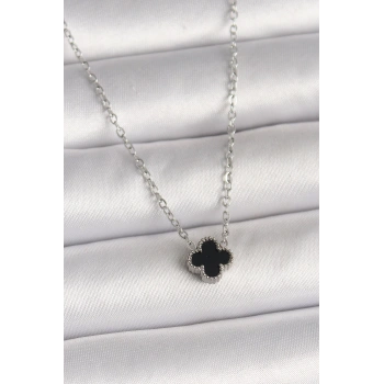 HEYF 316L Çelik Gümüş Renk Siyah Yonca Model Kadın Kolye