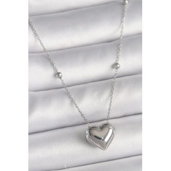 HEYF 316L Çelik Gümüş Renk Topçuk Detay Zincir Kalp Model Kadın Kolye