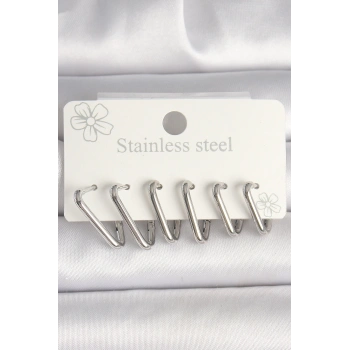 HEYF 316L Çelik Gümüş Renk Üçgen Model Kadın Küpe Seti