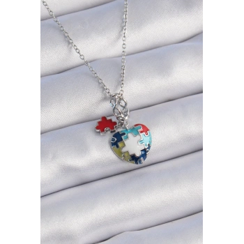 HEYF 316L Çelik Gümüş Renk Yapboz Motif Kalp Figür Charm Model Kadın Kolye