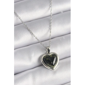 HEYF 316L Çelik Gümüş Renk Yeşil Mineli Kalp Model Kadın Kolye