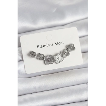 HEYF 316L Çelik Gümüş Renk Yonca Küpe Seti