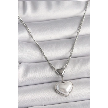 HEYF 316L Çelik Gümüş Renk Zincir 3D Kalp Model Kadın Kolye