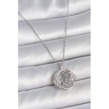 HEYF 316L Çelik Gümüş Renk Zincir Ay Güneş Model Zirkon Taş Detay Kadın Kolye