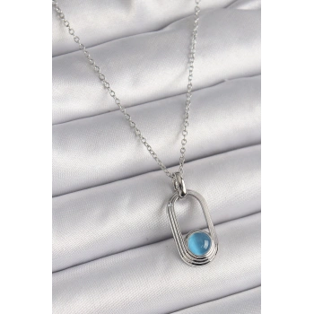 HEYF 316L Çelik Gümüş Renk Zincir Mavi Kedi Göz Model Kadın Kolye