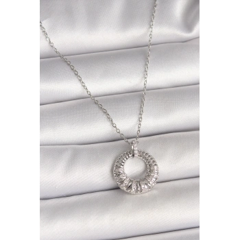 HEYF 316L Çelik Gümüş Renk Zincir Zirkon Taş İşlemeli Daire Model Kadın Kolye