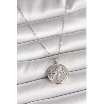 HEYF 316L Çelik Gümüş Renk Zincir Zirkon Taşlı Ay Güneş İşlemeli Madalyon Model Kadın Kolye
