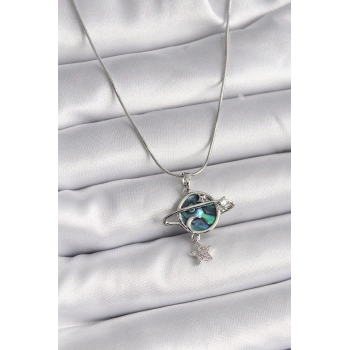 HEYF 316L Çelik Gümüş Renk Zincir Zirkon Taşlı Gezegen Model Kadın Kolye