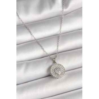 HEYF 316L Çelik Gümüş Renk Zincir Zirkon Taşlı Kalp İşlemeli Madalyon Model Kadın Kolye