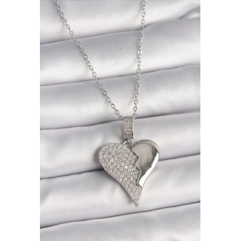 HEYF 316L Çelik Gümüş Renk Zincir Zirkon Taşlı Kırık Kalp Model Kadın Kolye