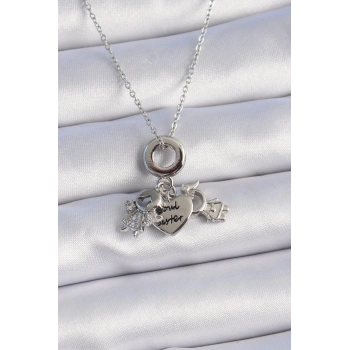 HEYF 316L Çelik Gümüş Renk Zirkon Taş Detay Çocuk Figür Charm Model Kadın Kolye