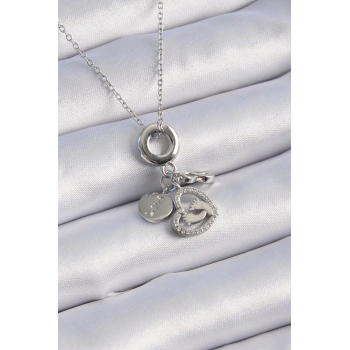 HEYF 316L Çelik Gümüş Renk Zirkon Taş Detay Kalp Model Charm Kadın Kolye