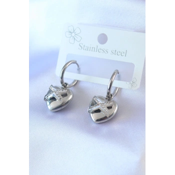 HEYF 316L Çelik Gümüş Renk Zirkon Taş Detay Kalp Model Kadın Küpe