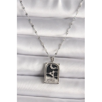 HEYF 316L Çelik Gümüş Renk Zirkon Taşlı  Ay Figürlü Taror Model Kadın Kolye