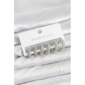 HEYF 316L Çelik Gümüş Renk Zirkon Taşlı Halka Küpe Seti