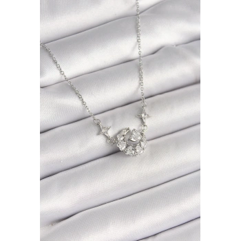 HEYF 316L Çelik Gümüş Renk Zirkon Taşlı Hilal Kalp Model Kadın Kolye