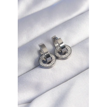 HEYF 316L Çelik Gümüş Renk Zirkon Taşlı İç İçe Geçmeli Oval Küpe