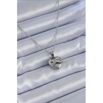 HEYF 316L Çelik Gümüş Renk Zirkon Taşlı Kalp Model Kadın Kolye