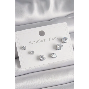 HEYF 316L Çelik Gümüş Renk Zirkon Taşlı Kalp Model Kadın Küpe Seti