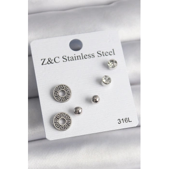 HEYF 316L Çelik Gümüş Renk Zirkon Taşlı Labirent Model Kadın Küpe Seti