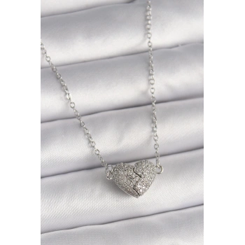 HEYF 316L Çelik Gümüş Renk Zirkon Taşlı Mıknatıslı Kalp Model Kadın Kolye
