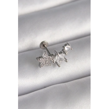 HEYF 316L Çelik Gümüş Renk Zirkon Taşlı Yıldız Model Tragus Piercing