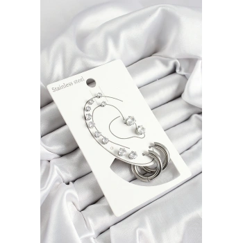 HEYF 316L Çelik Halka Figürlü Ve Zirkon Taşlı Gümüş Renk 7li Çift Kadın Küpe Set