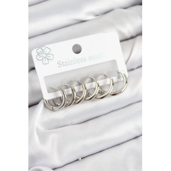HEYF 316L Çelik Halka Model Gümüş Renk 3lü Set Kadın Küpe