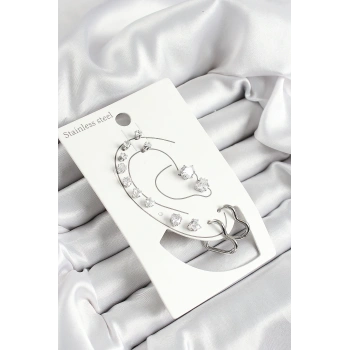 HEYF 316L Çelik Kalp Figürlü Ve Zirkon Taşlı Gümüş Renk 7li Çift Kadın Küpe Set