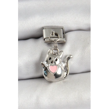 HEYF 316L Çelik Sallantılı Kalp Detaylı Kedi Model Gümüş Renk Nomination Charm