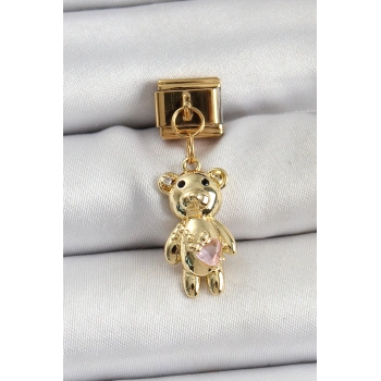HEYF 316L Çelik Sallantılı Zirkon Taşlı Ayıcık Model Gold Renk Nomination Charm