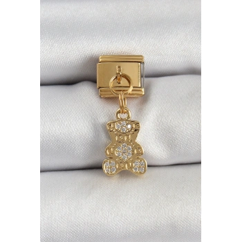 HEYF 316L Çelik Sallantılı Zirkon Taşlı Ayıcık Model Gold Renk Nomination Charm