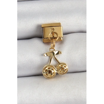 HEYF 316L Çelik Sallantılı Zirkon Taşlı Fiyonk Model Gold Renk Nomination C316L Çelik Sallantılı Kiraz Model Gold Renk Nomination Charm