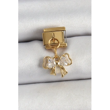 HEYF 316L Çelik Sallantılı Zirkon Taşlı Fiyonk Model Gold Renk Nomination Charm
