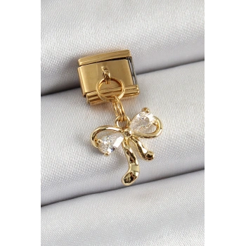 HEYF 316L Çelik Sallantılı Zirkon Taşlı Fiyonk Model Gold Renk Nomination Charm