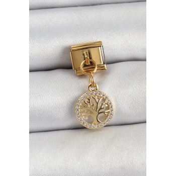 HEYF 316L Çelik Sallantılı Zirkon Taşlı Hayat Ağacı Model Gold Renk Nomination Charm