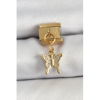 HEYF 316L Çelik Sallantılı Zirkon Taşlı Kelebek Model Gold Renk Nomination Charm