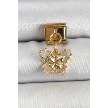 HEYF 316L Çelik Sallantılı Zirkon Taşlı Kelebek Model Gold Renk Nomination Charm