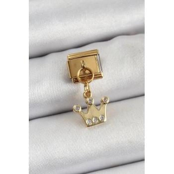 HEYF 316L Çelik Sallantılı Zirkon Taşlı Kraliçe Tacı Model Gold Renk Nomination Charm