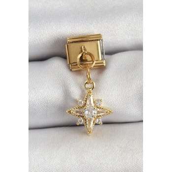 HEYF 316L Çelik Sallantılı Zirkon Taşlı Kutup Yıldızı Model Gold Renk Nomination Charm