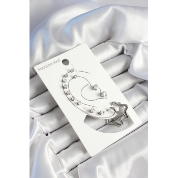 HEYF 316L Çelik Yıldız Figürlü Ve Zirkon Taşlı Gümüş Renk 7li Çift Kadın Küpe Set